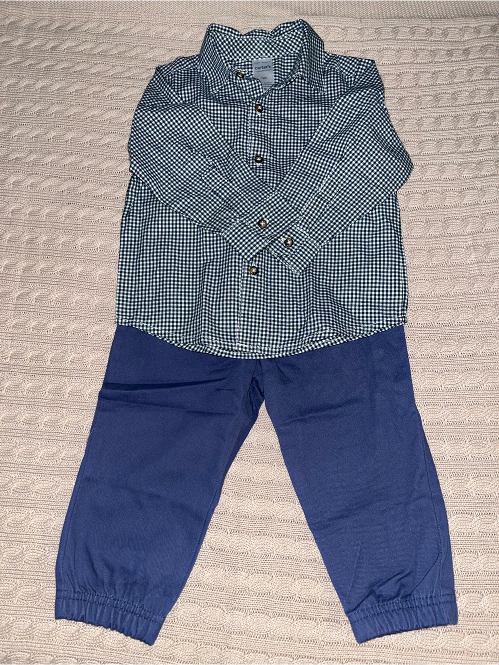 Carter's Blue Green White Gingham Shirt and Navy Jogger Pants Set